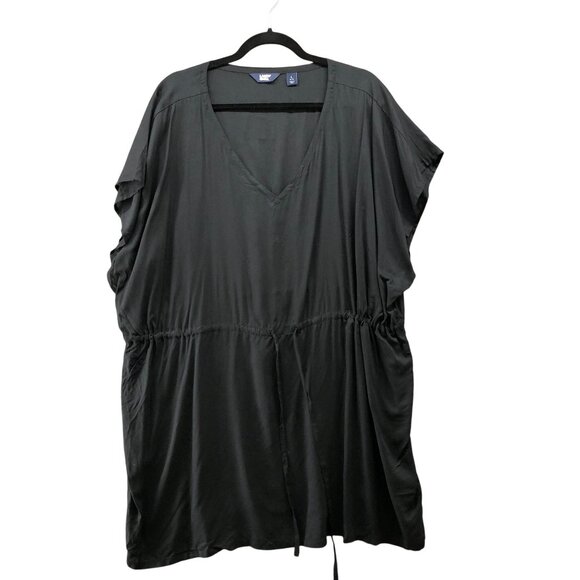 Lands' End Oversized Swim Cover Up Dress Womens L Black Sheer V-Neck Drawstring - Picture 1 of 10